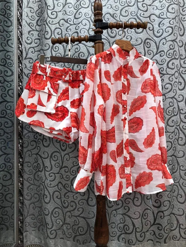 

Short New Arrival Sets 2021 Summer Fashion Two Piece Set Women Red Leaves Print Long Sleeve Loose Shirt+Belt Deco Short Suits