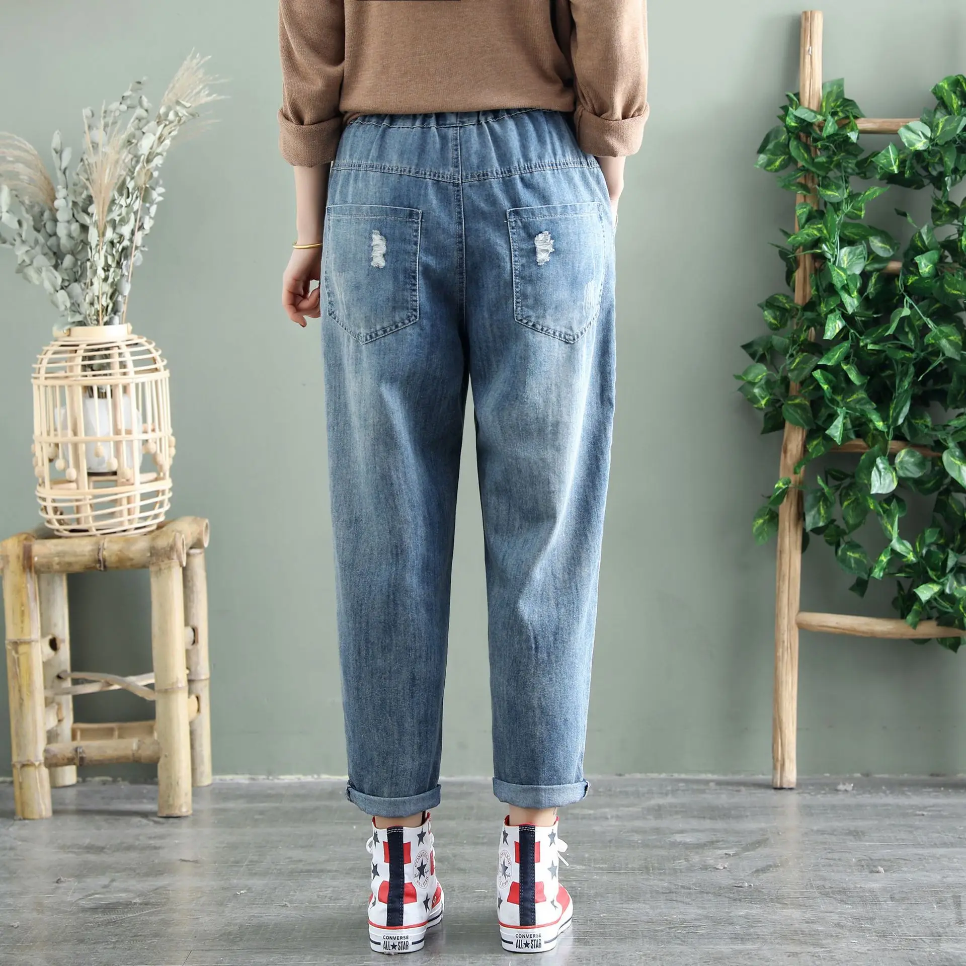 Женские рваные джинсы в винтажном ретро-стиле тонкие брюки до щиколотки с