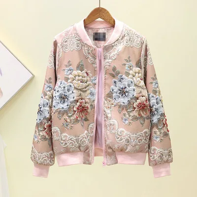 Autumn Winter Hot Sale Fashion Runway Designer Outwear Women Elegant Floral Embroidery Hollow Out Luxury Coat Short Jacket - Цвет: Pink