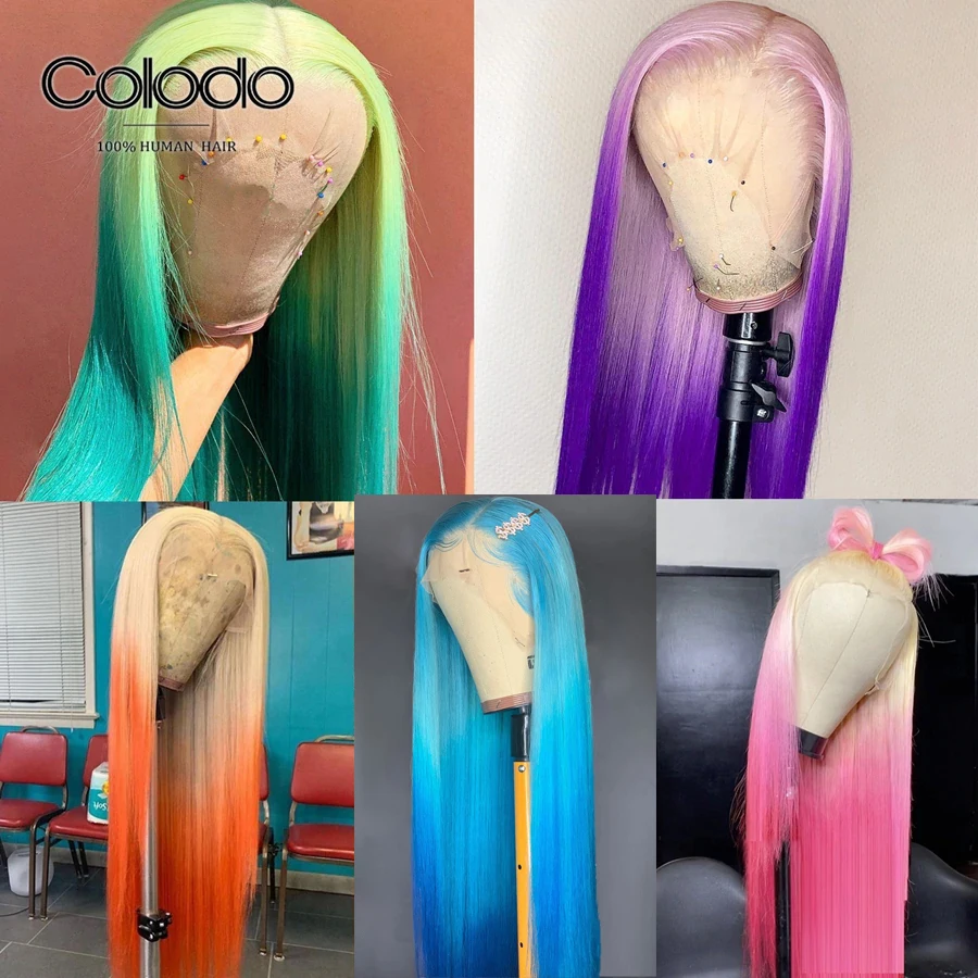 Цвет без клея зеленый синий парик фиолетовый прямые волосы предварительно