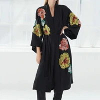 black embroidered bikini cover up self belted long kimono beach dress women summer beach wear swim suit cover up
