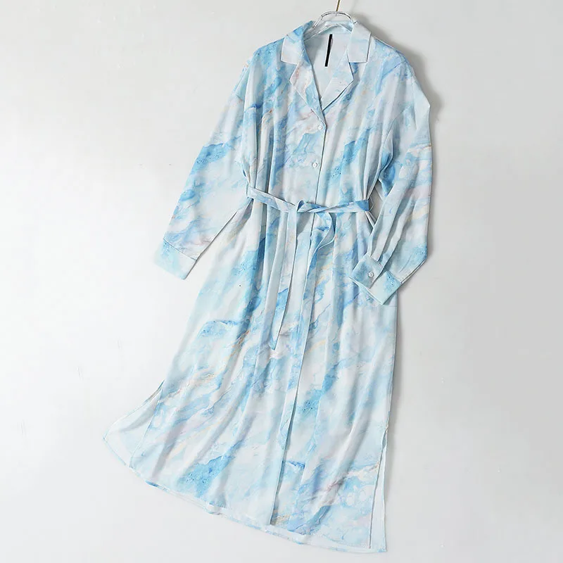 

SeeBeautiful Tie Dye Abstract Printed Loose Dress Notched Long Sleeve Single Breasted New Fashion 2021 Spring Women M766