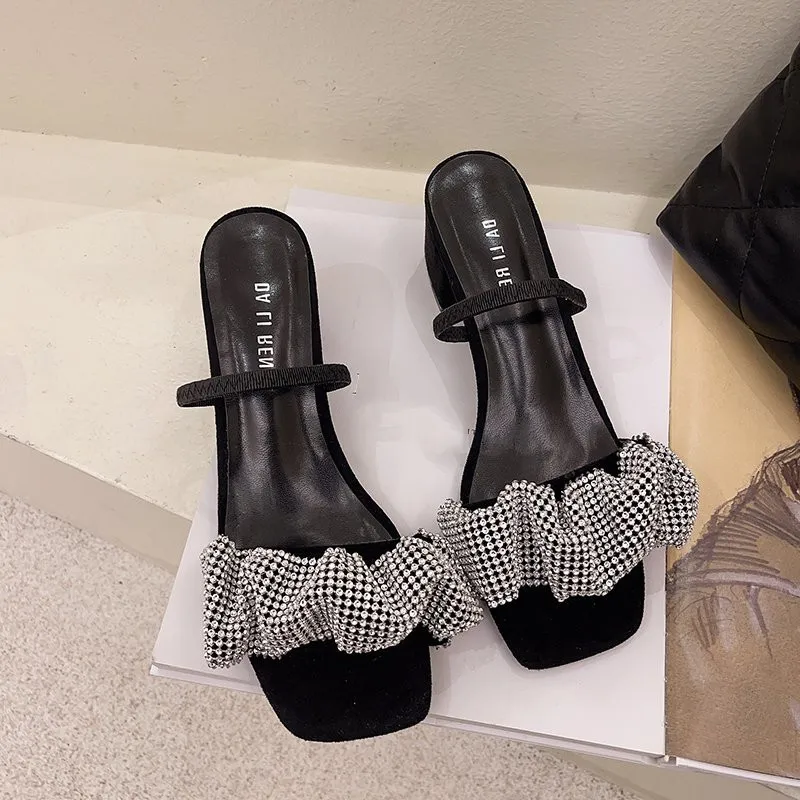 

Slippers Casual Med Female Shoes Square heel Women Heels Glitter Slides Rubber Flip Flops Luxury 2021 Block High Jelly Hawaiian
