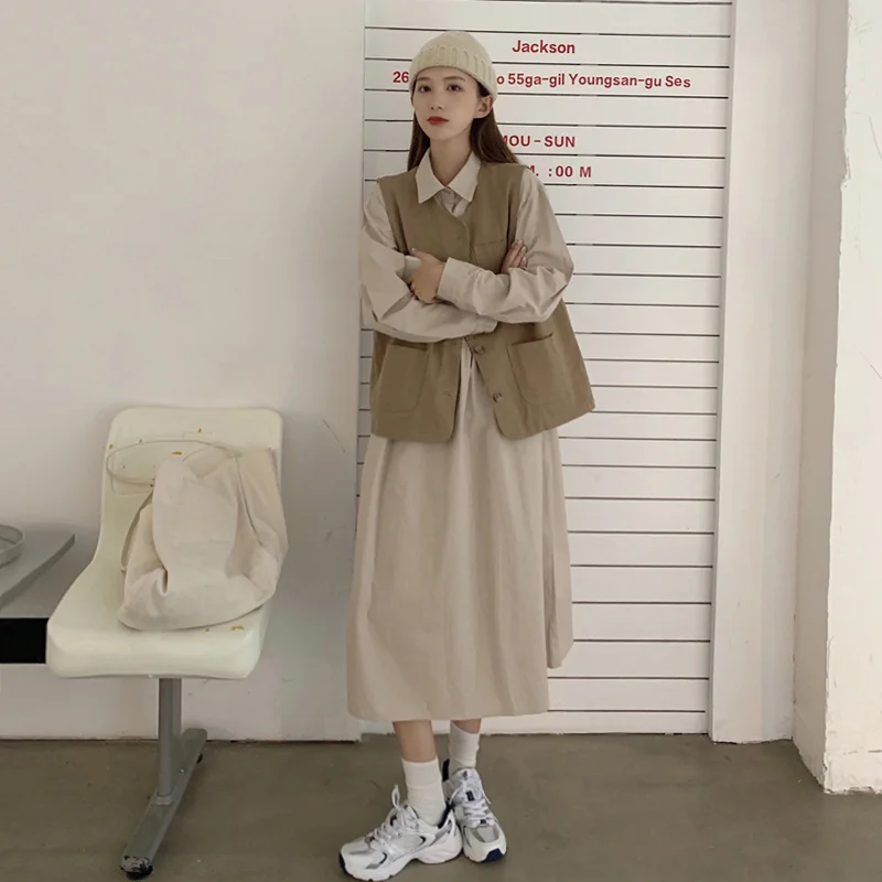 

Women Dress College Style Polo Collar Dress Women's Early Autumn 2021 New Design Sense Small Loose Temperament Long Skirt