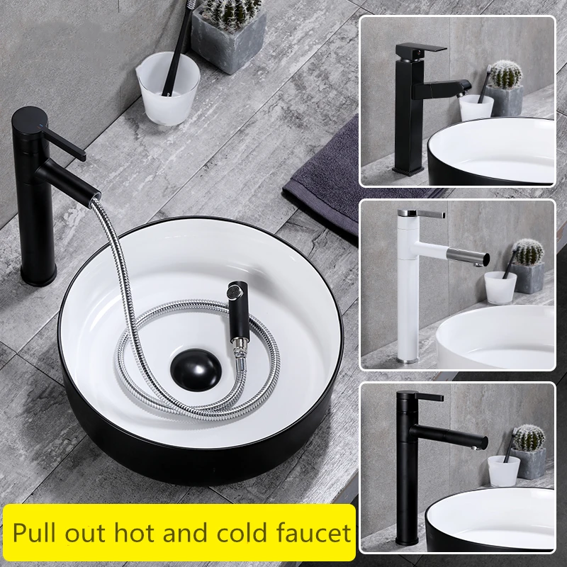 

Black Lacquered Copper Faucet Above Counter Basin Faucets Pull-out Hot and Cold Mixer Bathroom Water Tap Waterfall Vanity Faucet