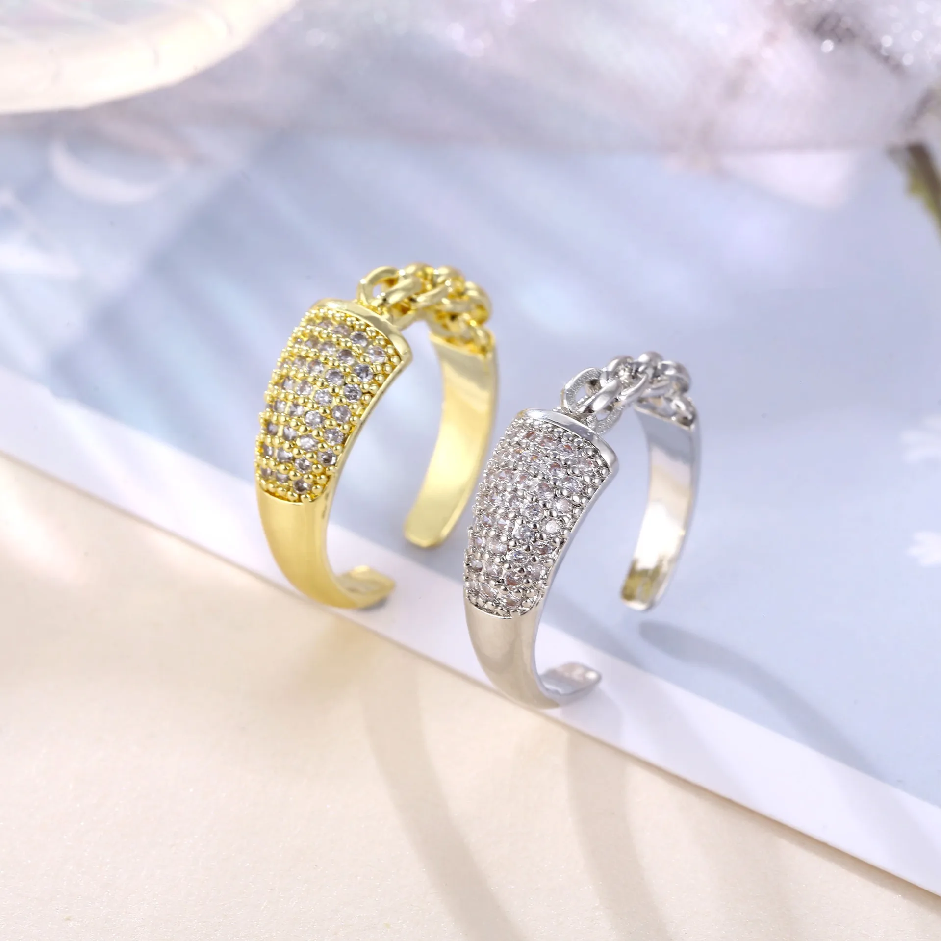 

Design High-Grade Chain Zircon Splicing Gold Opening Rings For Woman South Korea Fashion Jewelry Gothic Party Girl's Luxury Ring