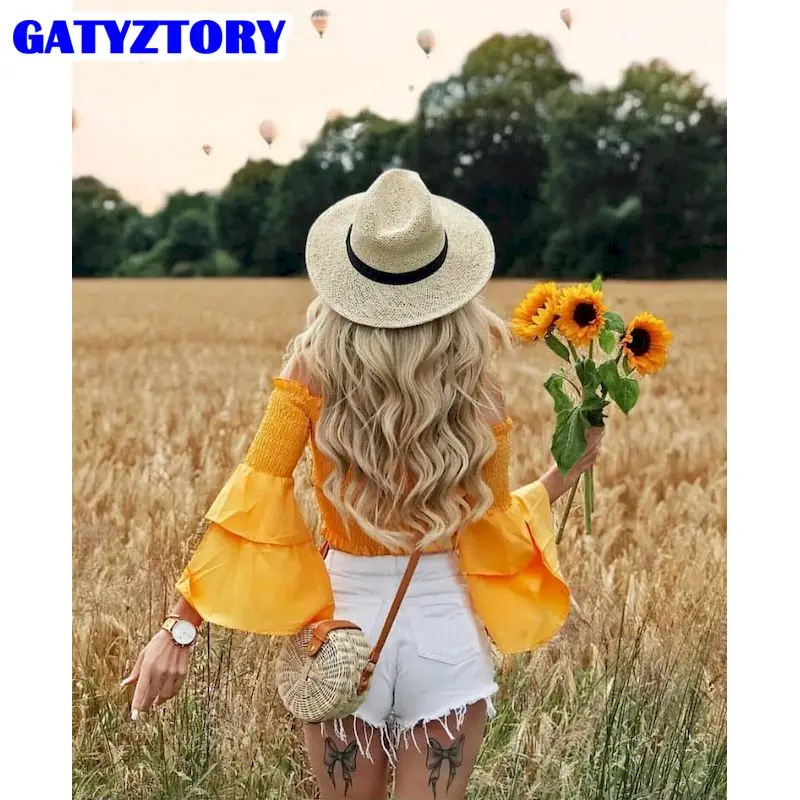 

GATYZTORY Painting By Number Girl Sunflower Gift DIY Oil Painting By Number Home Decor Drawing On Canvas HandPainted Art Gift