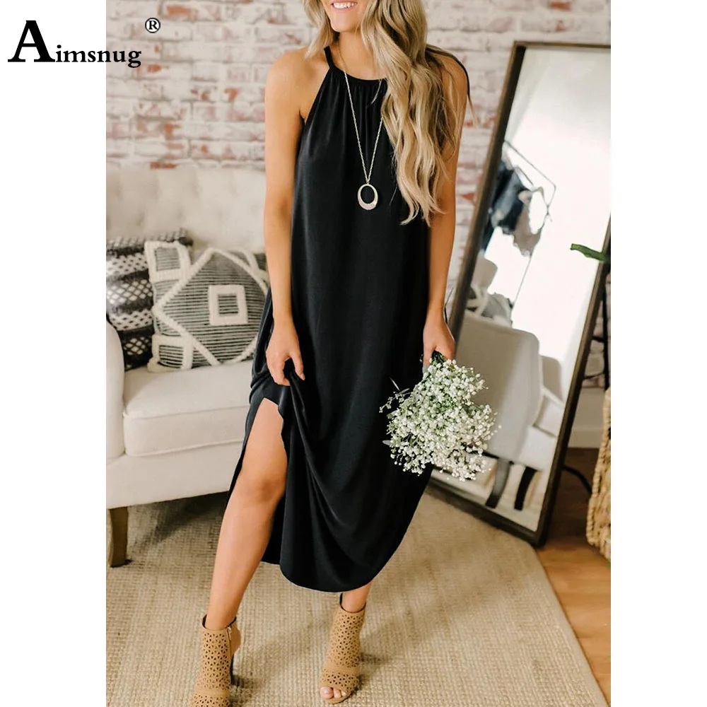 

Plus Size 3XL Women Elegant Leisure Casual Halter Dress Solid Color Mid-Calf Dresses Summer Vinatge Women Dress Clothing 2021