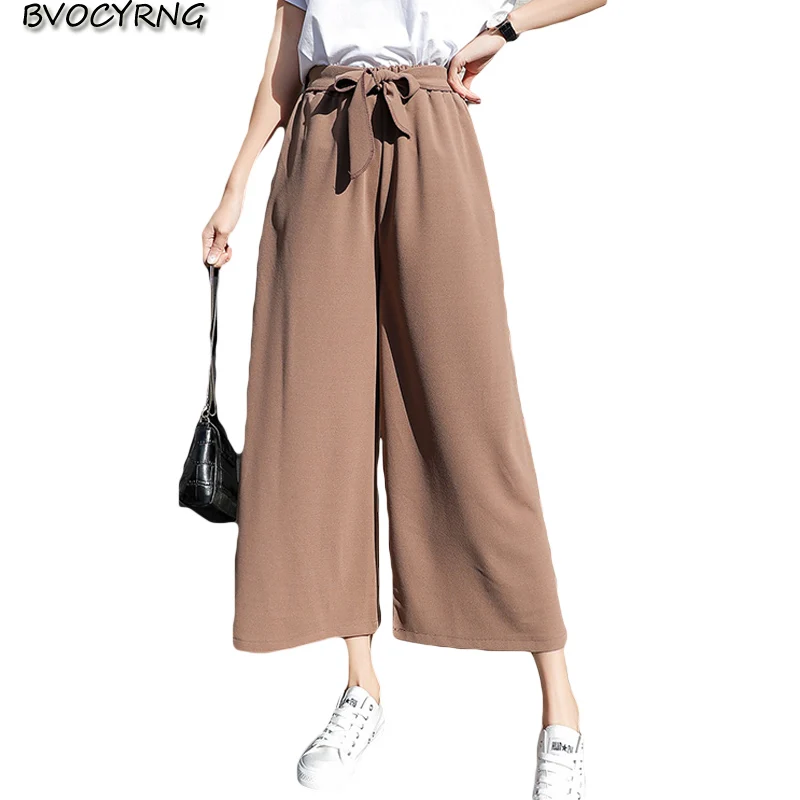 

Женские шифоновые брюки с завышенной талией, широкие брюки с бантом и эластичным поясом, свободные брюки до щиколотки, A1602, весна-лето