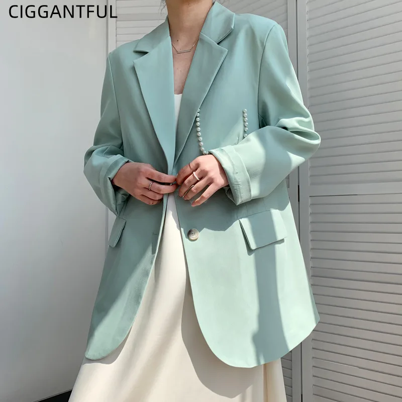 

Spring Fall Solid Color Suit Jacket Female Pearl Loose French Fashion Korean Casual Blazer Coat Long Sleeve Ladies Office Wear