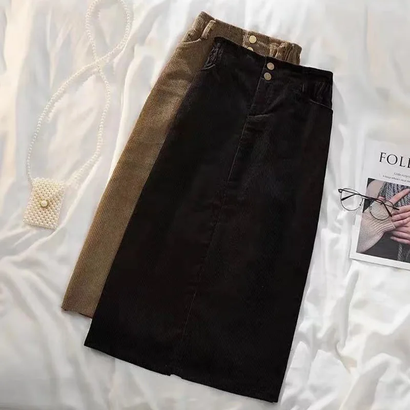 Женская Вельветовая юбка-карандаш с высокой талией разрезом винтажная