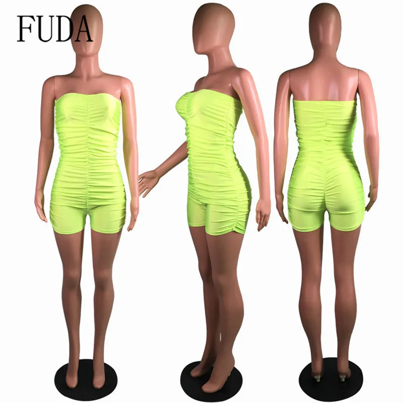 Fluorescent Green FUDA Комбинезоны женские пикантные без рукавов с открытыми плечами Комбинезоны элегантный выдалбливают комбинезон Bodycon с повязкой летние обтягивающие боди - Цвет: Fluorescent Green