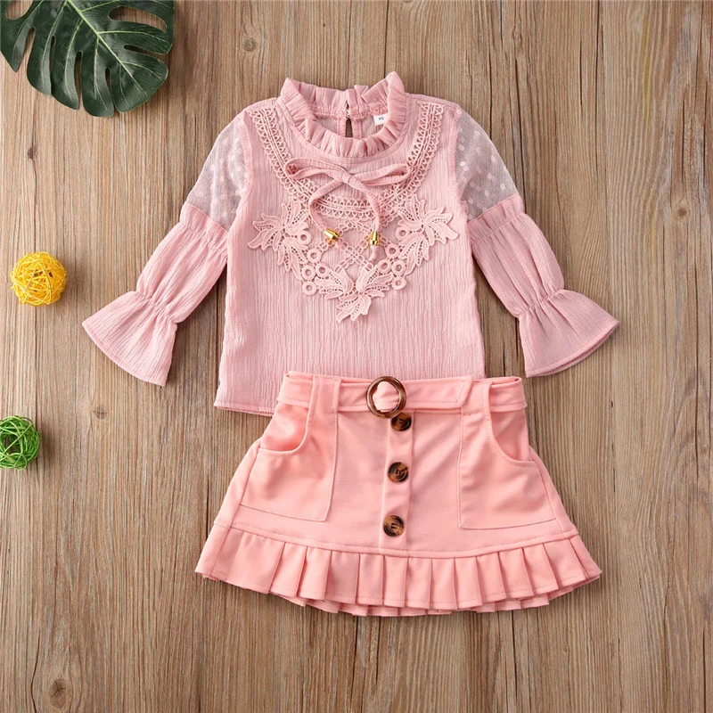 2 шт. кружевная футболка и мини юбка для девочек|Комплекты одежды девочек| |