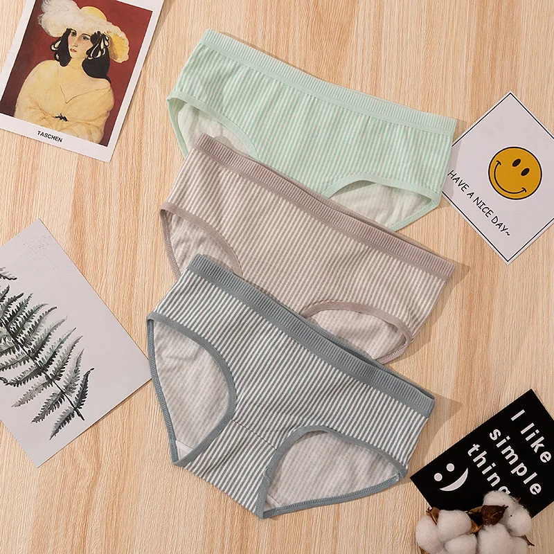 

2PC Cotton Women's Panties Fashion Stripe Middle Waist Underpants Female Elastic Breathable Briefs Soft Snug