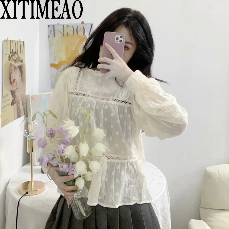 

Xitimeao Women Ruffle Shirt Fashion Ladies Loose Female Autumn Vintage Ruffled Shirt Girls Chic Chiffon Embroidered Pullover