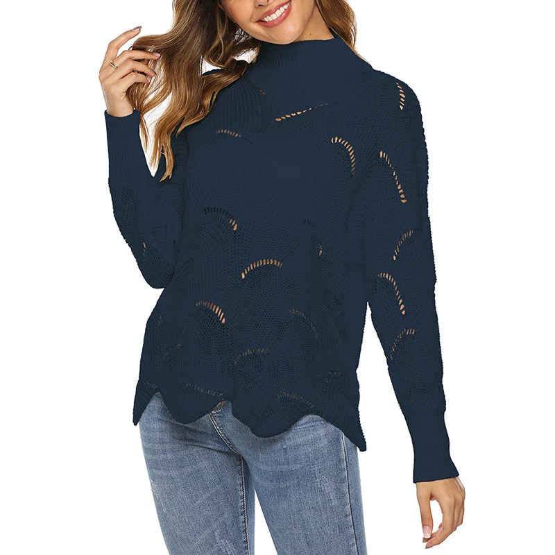 

Women Solid Color Round Neck Sweater Ladies Hole Knit Medium High Collar Pullover Sweater Red XL