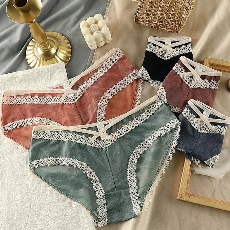

Французские элегантные кружевные женские трусики, ледяные шелковые сетчатые дышащие сексуальные трусики из чистого хлопка, Легкое женское...