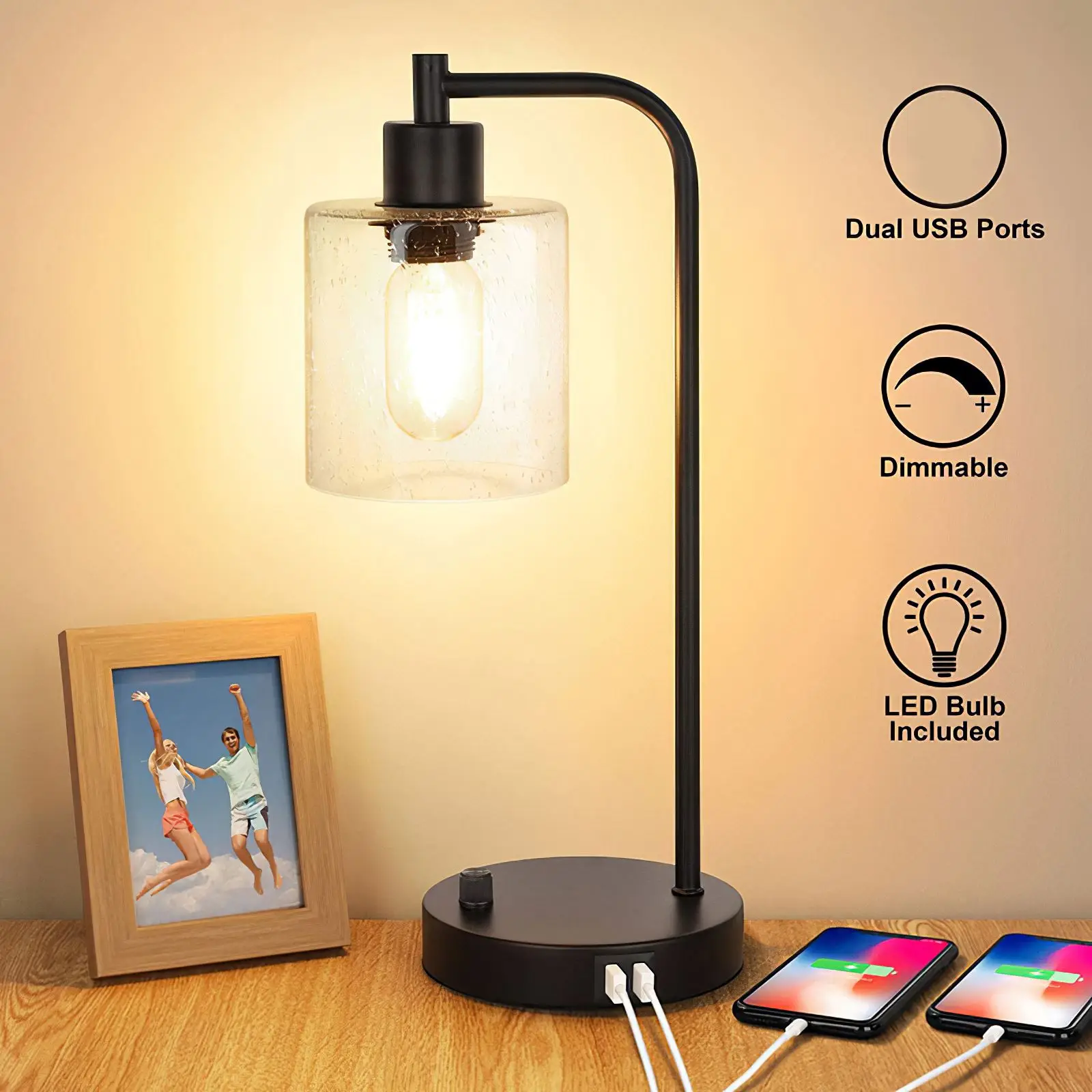 

Modern LED Desk Light With 2 USB Ports Glass Lampshade Table Lamp Dimming Reading Lamp For Bedside Bedroom Living Room Study