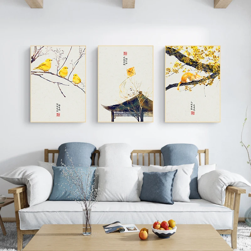

Chinese Style Landscape Poster Prints Boat Lantern Leaves Cat Canvas Painting Wall Art Picture for Living Room Modern Home Decor