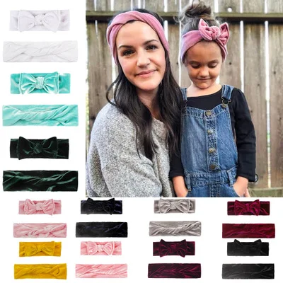 

2PCS Mama & Baby Velvet Headwear Bowknot Elastic HeadBands For Women Children Tuban Baby HairBands Hair Accessories