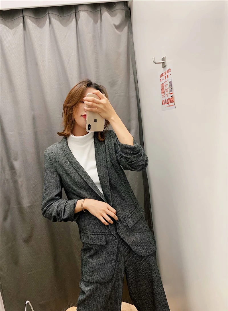 

TMODA778 Za 2021 Women Chic Twill Blazer Gathered Three Quarter Sleeve Pockets Office Wear Coat Notched Collar Vintage Outerwear