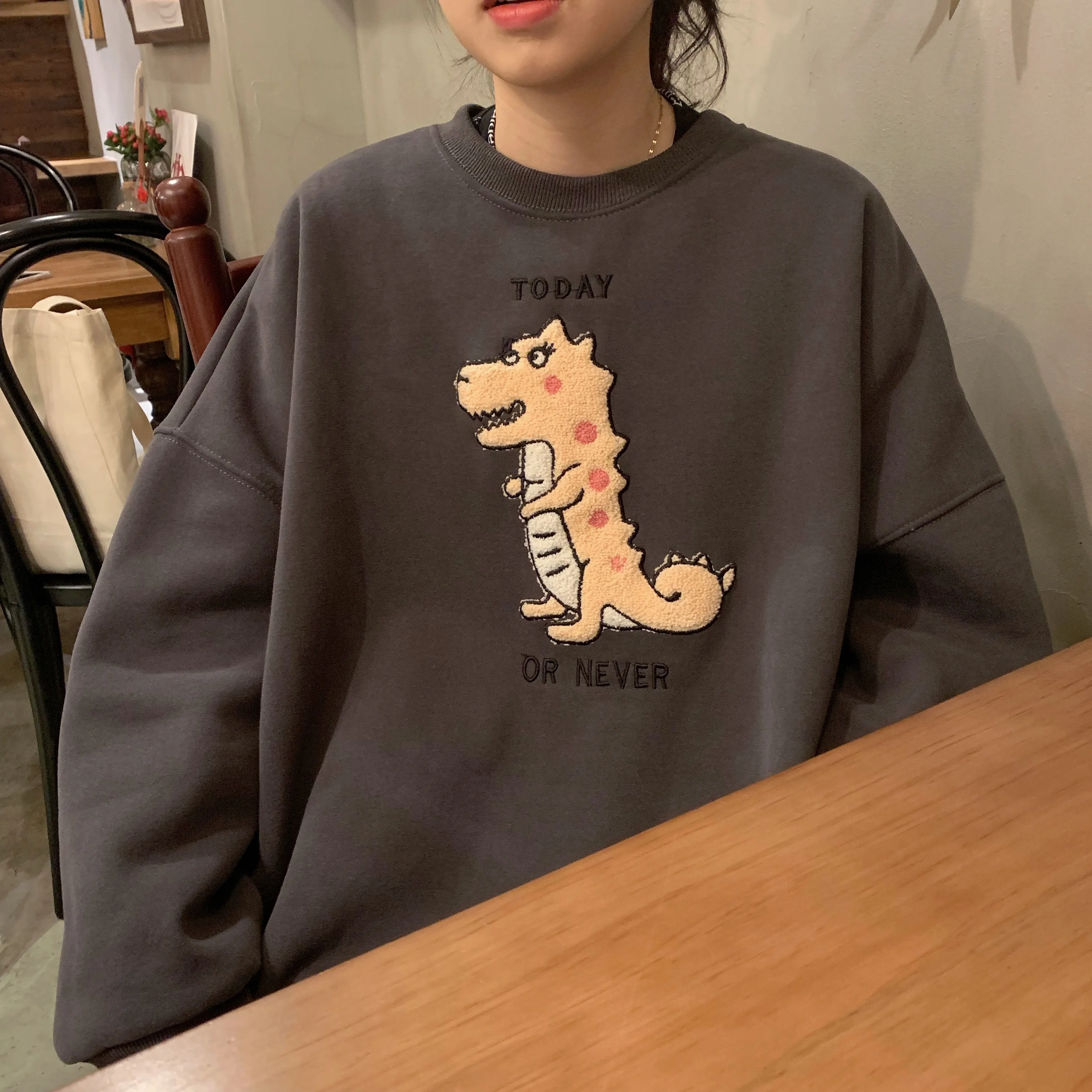 Vintag/Зимняя Повседневная Толстовка с вышитым динозавром бархатный разноцветный