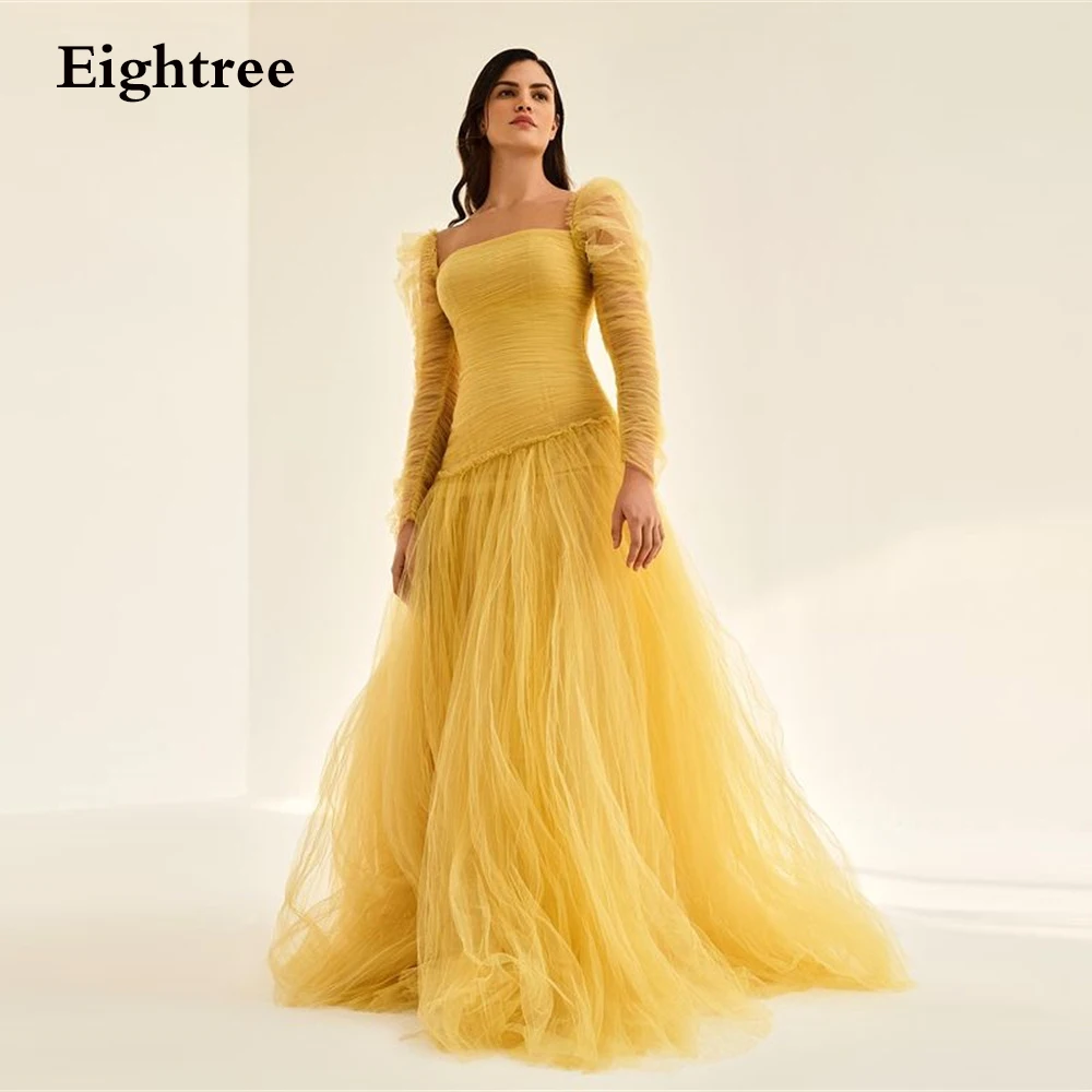 Longue robe de soirée de mariage jaune, ligne A, sans bretelles, manches longues, célébrité, 2022  (0)