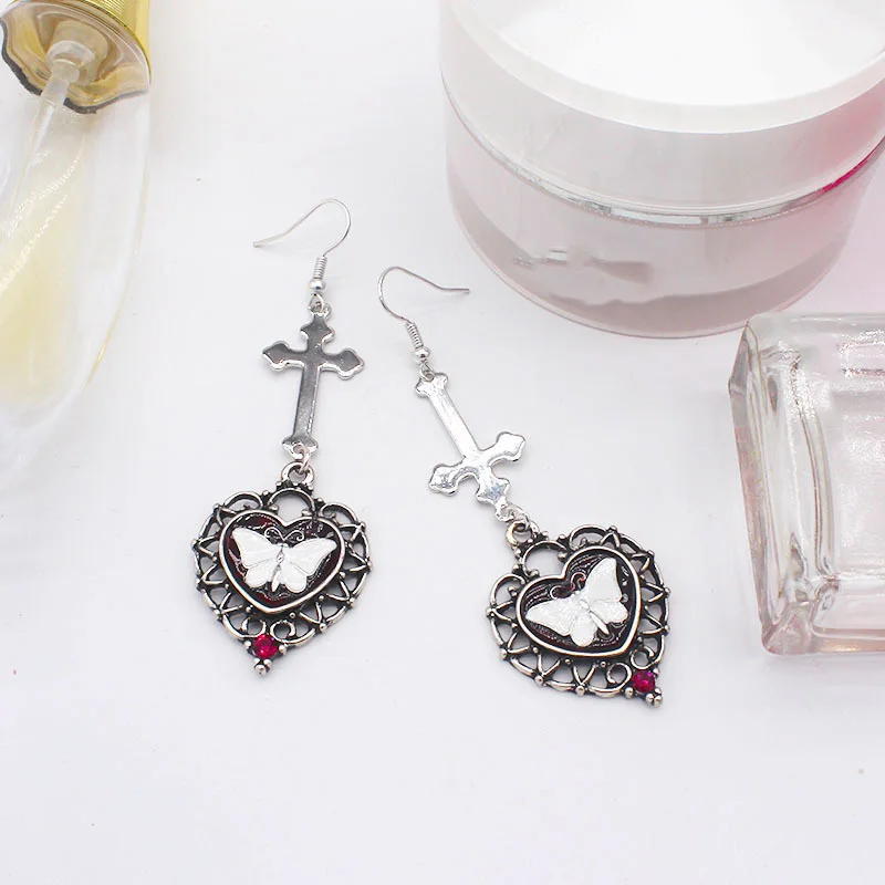 

Fashion Cross Heart Whtie Butterfly Drop Earrings Long Trendy Tassel Earrings Women Vacation Jewelry Party Gift Oorbellen
