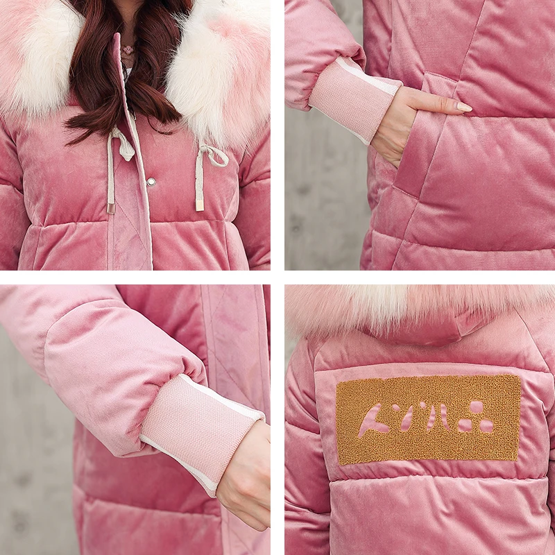 

Solid Women's Winter Coat Korean Style Hooded Long Jacket Women Printing Hooded With Fur Collar Plus Size Thick Female Parkas