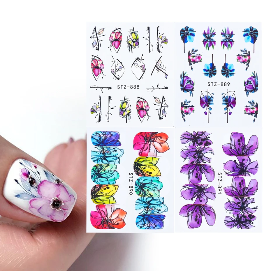 

4pcs Floral Water Nail Decal and Sticker Geometric Lines Seahorse Watercolor Flower Nail Art Tattoo Transfer Slider SASTZ880-902