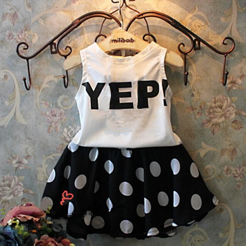 Модный жилет для девочек топ без рукавов с надписью короткая юбка в горошек