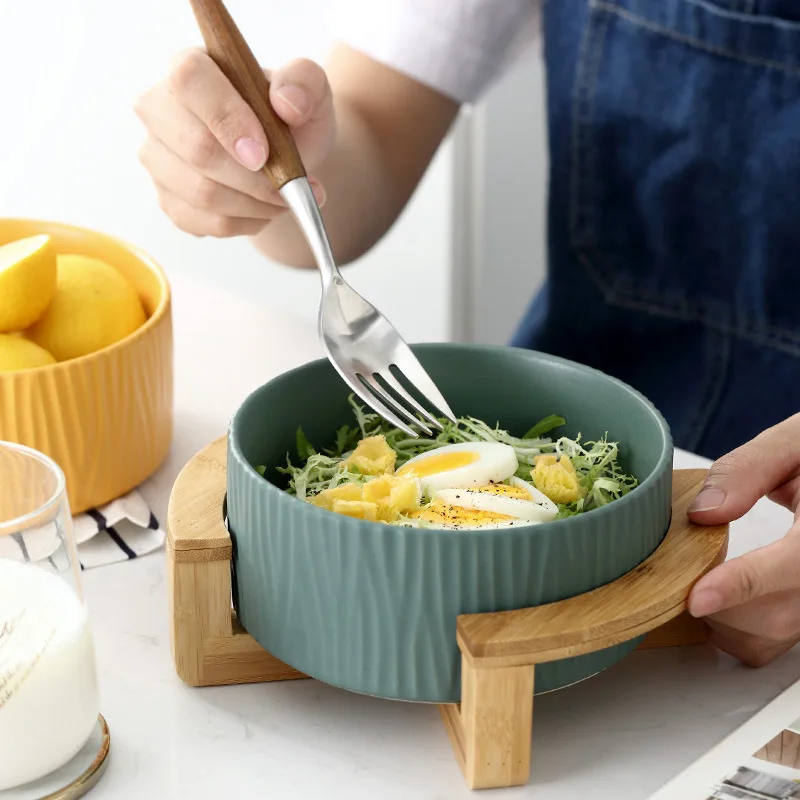 

Creative Stackable Ceramic Fruits Bowl Porcelain Food Salad Dessert Bowl with Wooden Holder Tableware Kitchen Container Storage