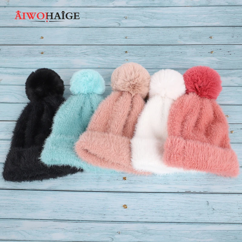 Женская зимняя шапка из ангорской шерсти Дамская Вязаная Шапка-бини с однотонным