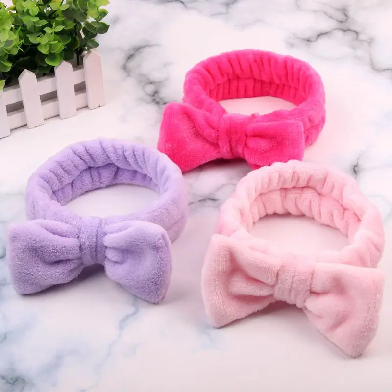 Coral Fleece Bow Hair Bands Solid Color Wash Face Makeup Soft Elastic Headband Turban Head Wraps Hairband Hair Accessories