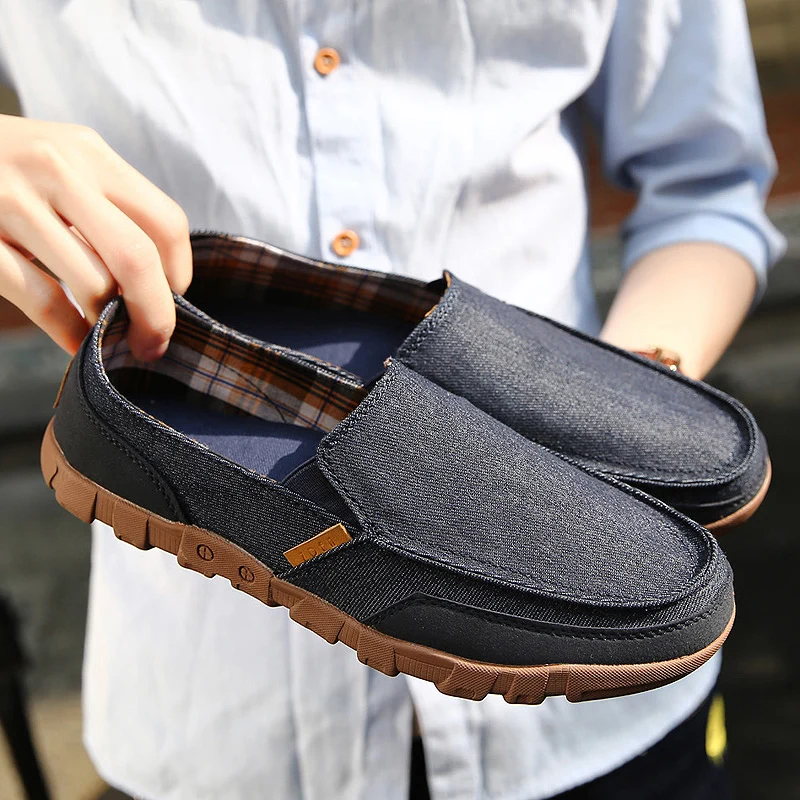 Мужская парусиновая обувь дышащая повседневная на плоской подошве без шнуровки