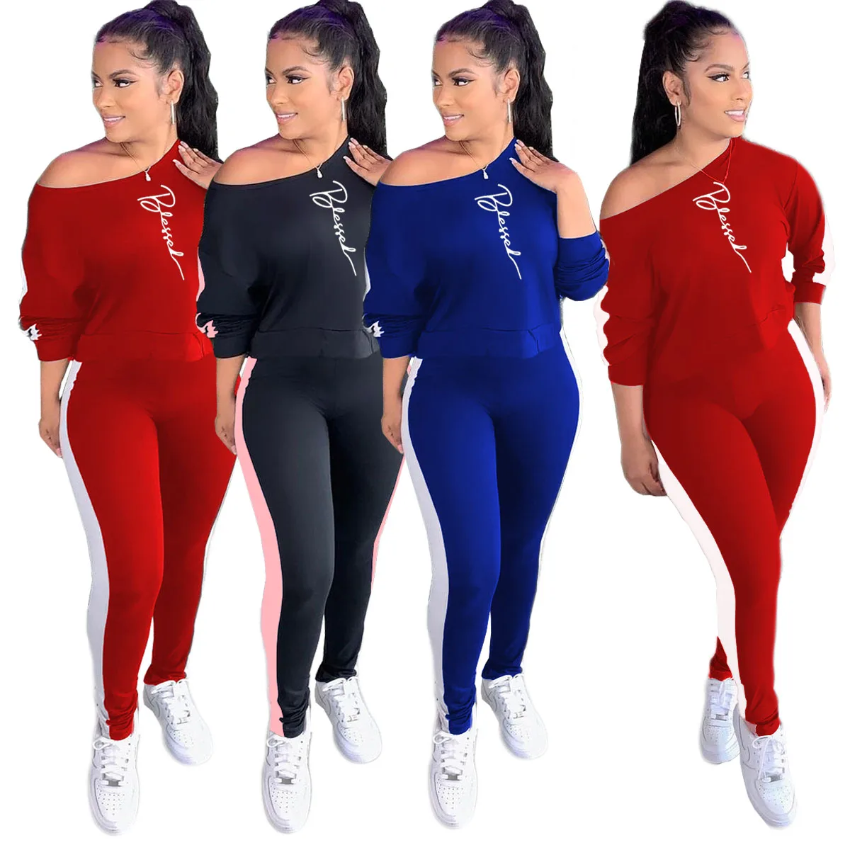 

Women's Contrast Stitching Women's Fashion Sports and Leisure Autumn and Winter Suits Printed Home Service Two-piece Suit