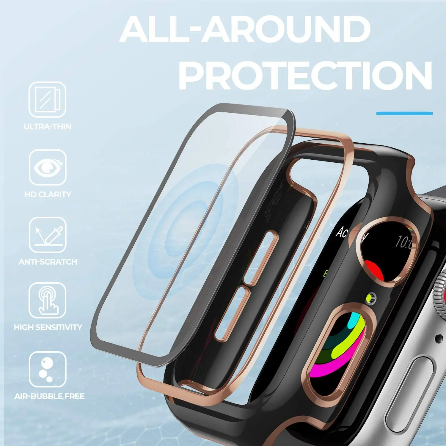 Full Screen Protector Bumper Frame Case for Apple Watch 6/SE/5/4/3/2/1 Cover Slim Tempered Glass Film for iWatch 4/5