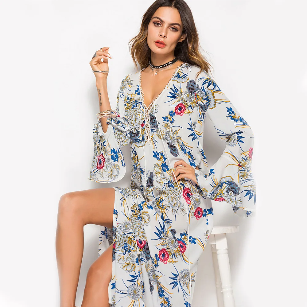 2019 цветочный принт женское пляжное длинное платье с v образным вырезом рукава