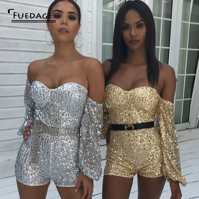 Женский комбинезон с блестками Fuedage блестящий Облегающий открытой спиной