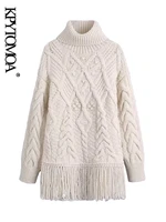 kpytomoa women 2021 fashion with tassel thick warm cable knit sweater vintage high neck long sleeve female pullovers chic tops