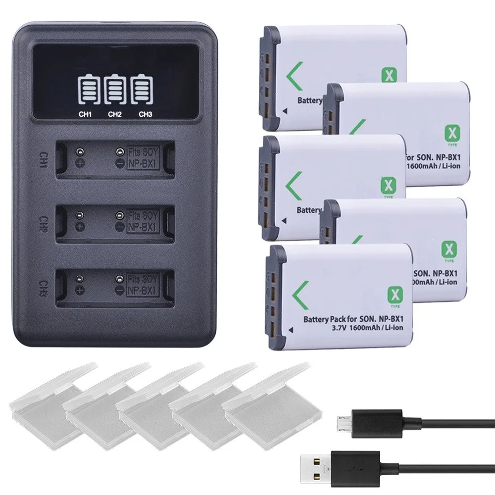 

5pcs NP-BX1 Np Bx1 Battery + 3 Slots LCD Charger For DSC-RX100 DSC-WX500 IV HX300 WX300 HDR-AS15 X3000R MV1 AS30V HDR-AS300