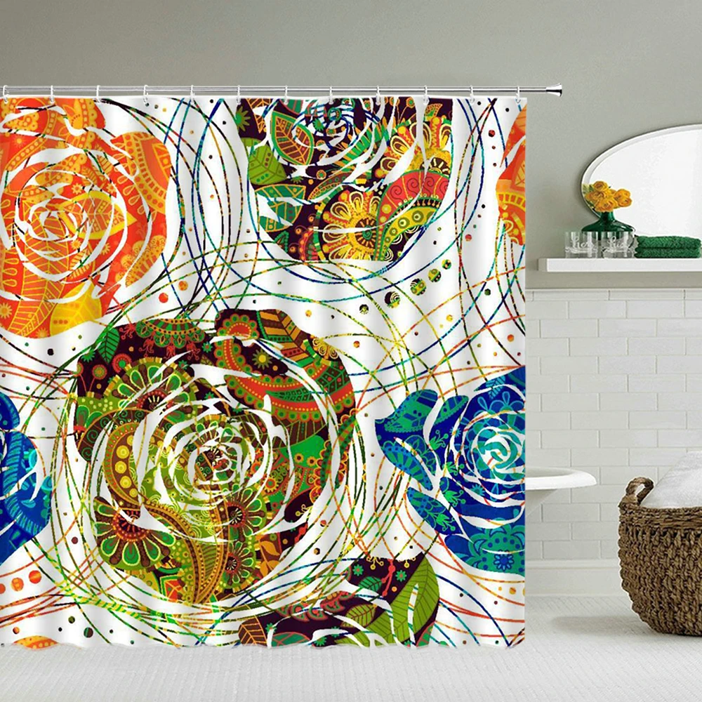 

Водонепроницаемая Штора для ванной, занавеска для душа с 3d рисунком цветных цветов, индийская богемная ткань, декоративный экран с крючками