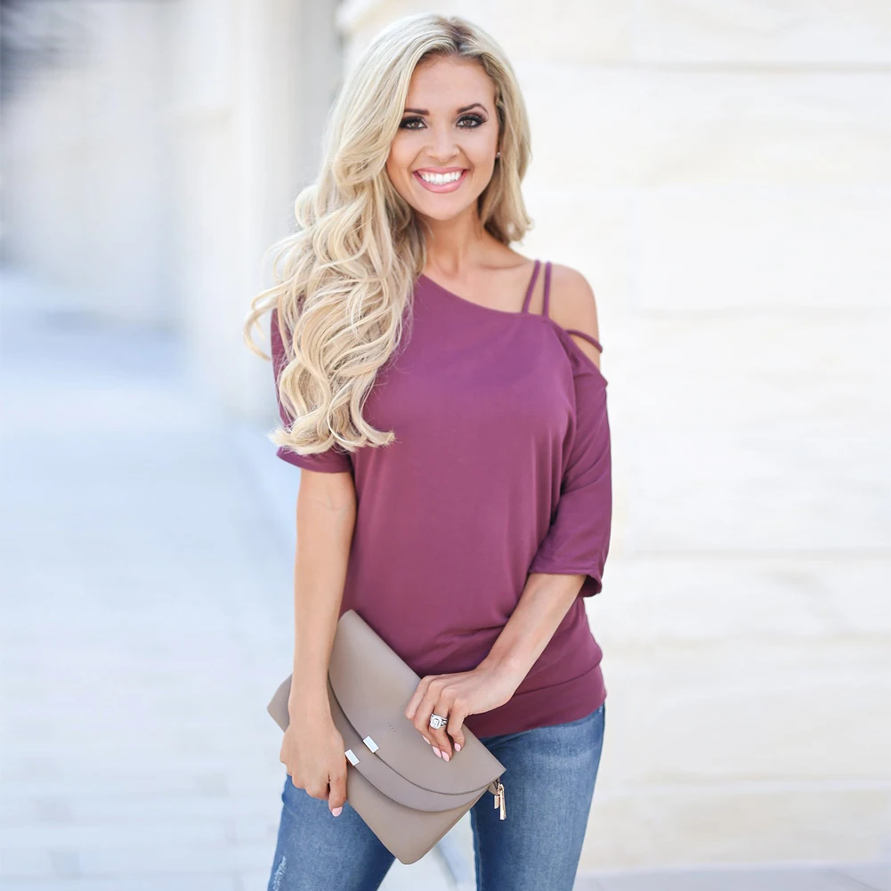 Solid Pullover Sexy T Shirt Loose Fashion One Cold Shoulder Ladies Gift Casual Women Blouse Tops Summer Half Sleeve |