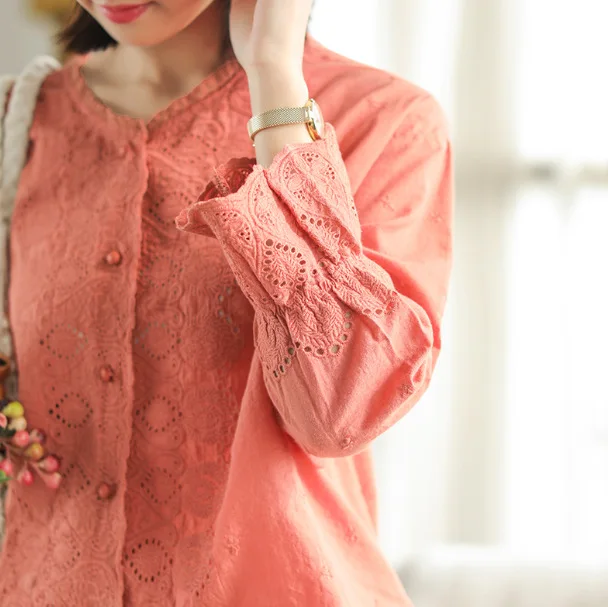 Простая Весенняя хлопковая рубашка с вышивкой и длинными рукавами Женская
