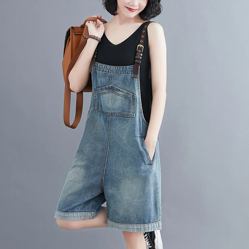 #1513 Denim Overalls Women Summer 2020 Korean Fashion Women Playsuit Jumpsuit Spaghetti Loose Plus Size Wide Leg Jumpsuit Short