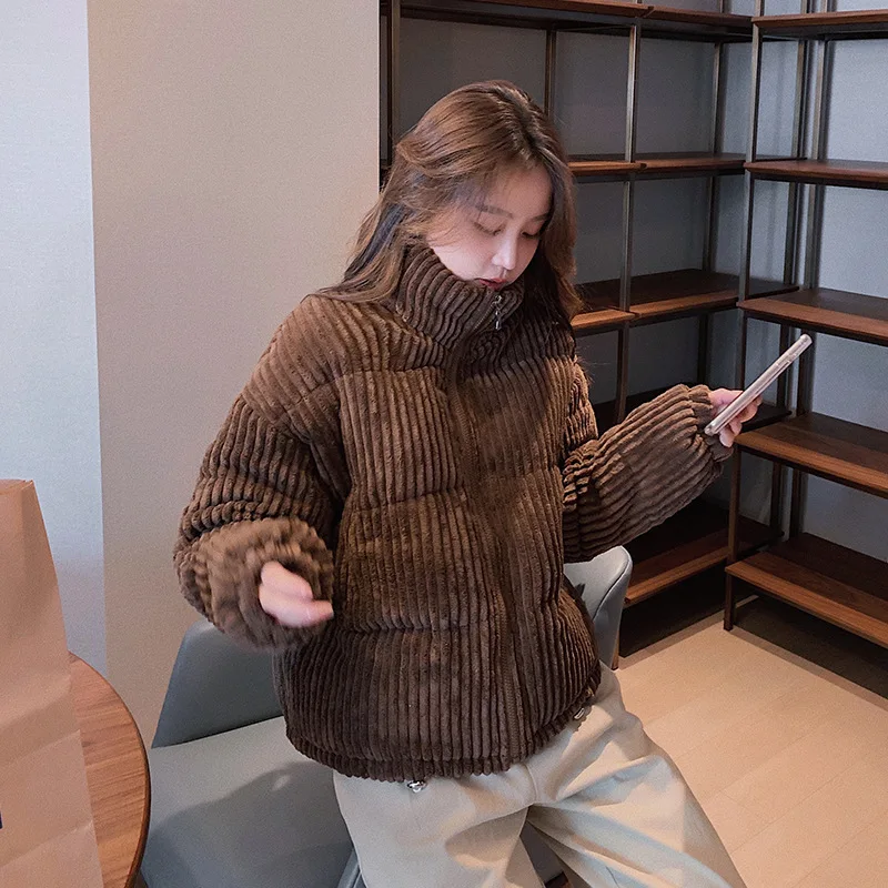 Winter 2021 Fashion Zipper Loose Corduroy Padded Jacket Casual Simple Solid Stand Collar Coat Women Long Sleeve Thicken Jacket