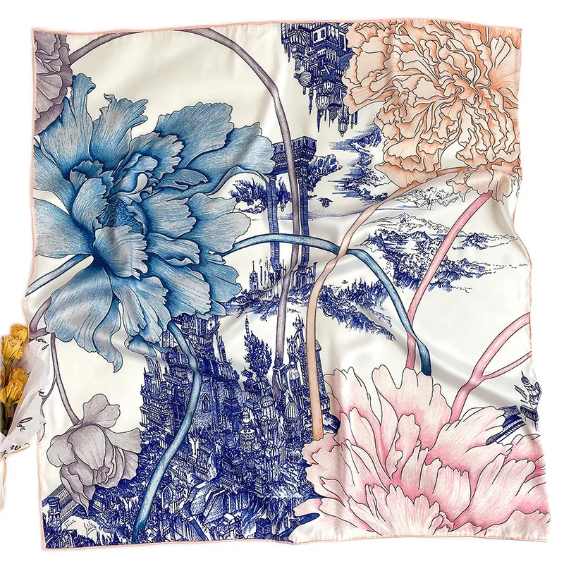 

Hot Winter Real Women Adult Pashmina Hijab 2020 New Twill Silk Women's Fashion Painting Printing Shawl Sunscreen Bandana 90cm