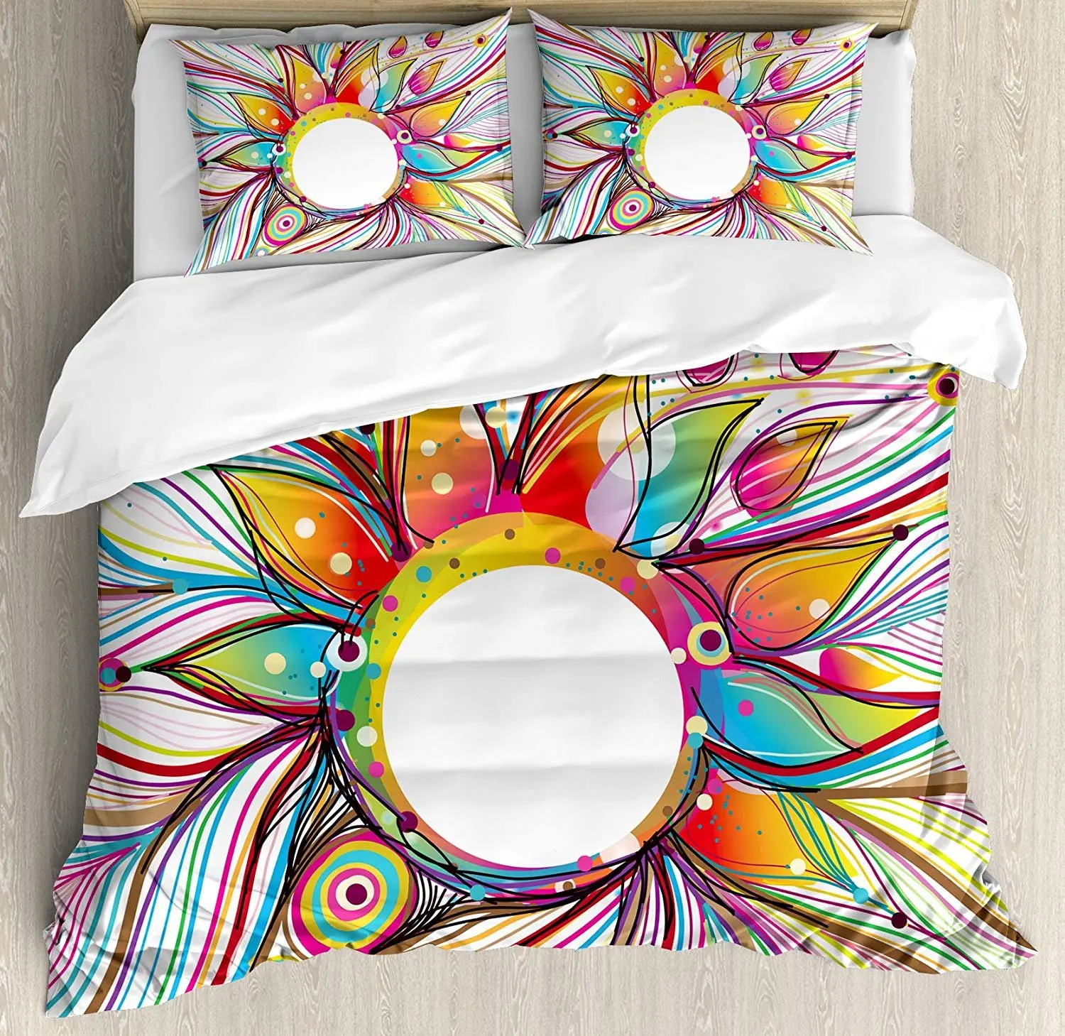 

Abstract Bedding Set Absurd Vector Smoky Wavy Floral Design with Rainbow alike Stripes and Lines Print Duvet Cover Pillowcase
