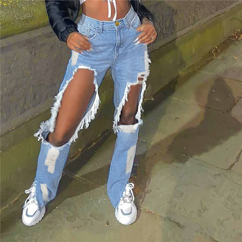 

Light Blue Big Hole Jeans Women High Waist Straight Streetwear Denim Trousers Lady Solid Color Ripped Denim Pants Female Trouser