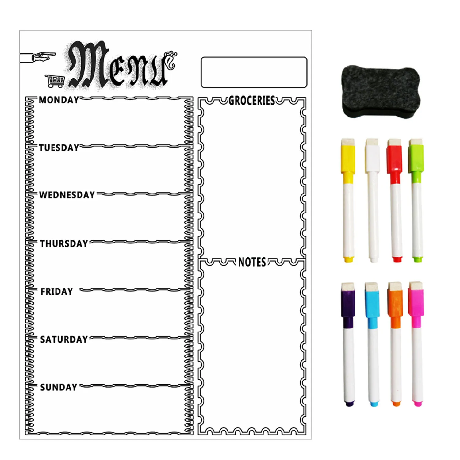 White Magnetic Menu Board Kitchen Fridge Board with 8 Color Chalk Markers Dry Erase Weekly Planner Grocery Chalkboard for Refrigerator - Color: White